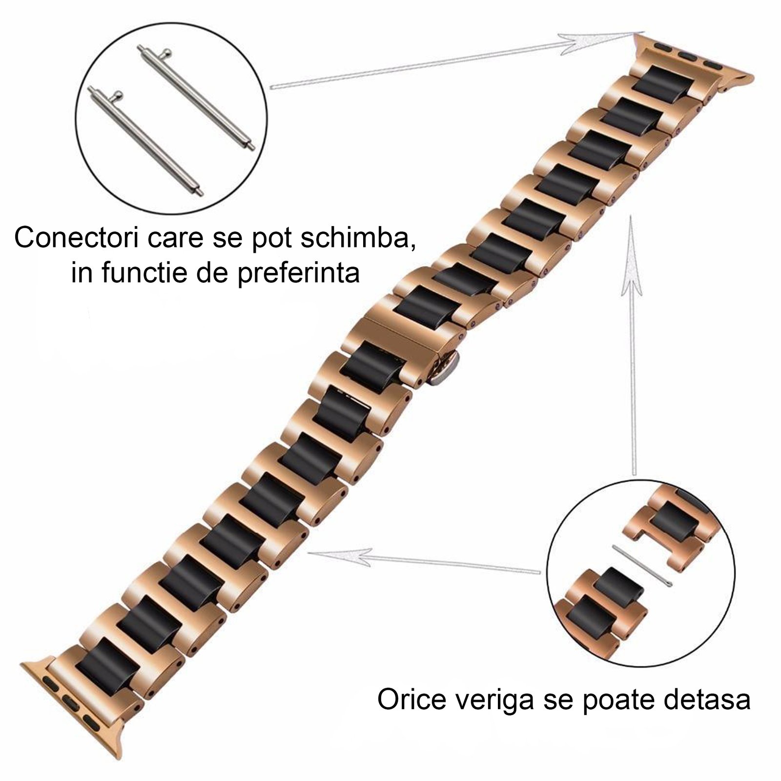 Curea din metal și ceramică WatchBand pentru Apple Watch Rose gold si alb Imagine