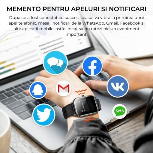Smartwatch Masurare Puls, Tensiune Arteriala, Saturatie Oxigen, Rezistent la Apa, Notificari Apeluri si Mesaje, Control Camera si Muzica, Multiple Moduri de Sport