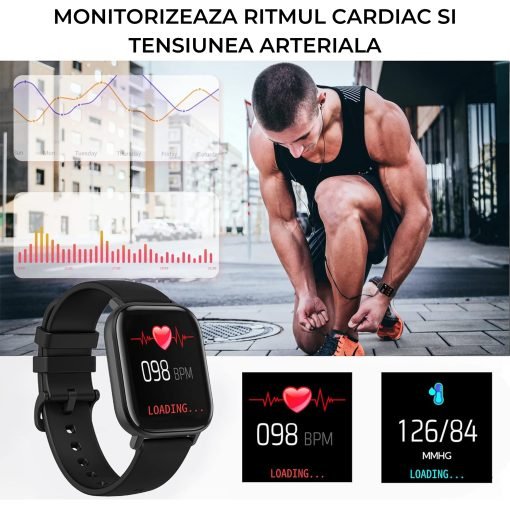 Smartwatch Masurare Puls, Tensiune Arteriala, Saturatie Oxigen, Rezistent la Apa, Notificari Apeluri si Mesaje, Control Camera si Muzica, Multiple Moduri de Sport
