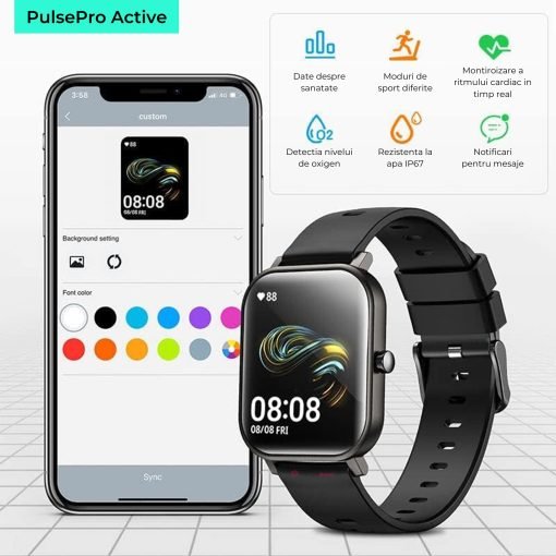 Smartwatch Masurare Puls, Tensiune Arteriala, Saturatie Oxigen, Rezistent la Apa, Notificari Apeluri si Mesaje, Control Camera si Muzica, Multiple Moduri de Sport