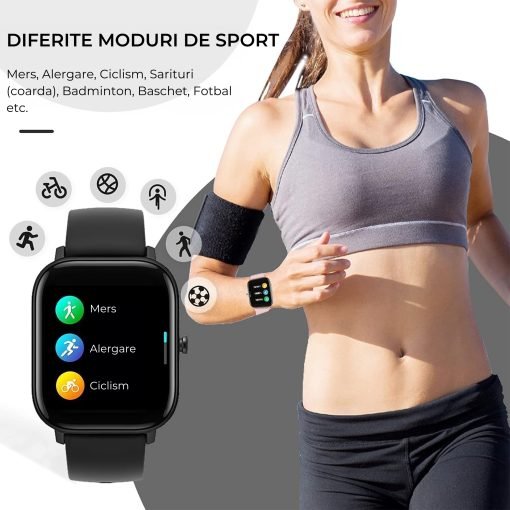 Smartwatch Masurare Puls, Tensiune Arteriala, Saturatie Oxigen, Rezistent la Apa, Notificari Apeluri si Mesaje, Control Camera si Muzica, Multiple Moduri de Sport